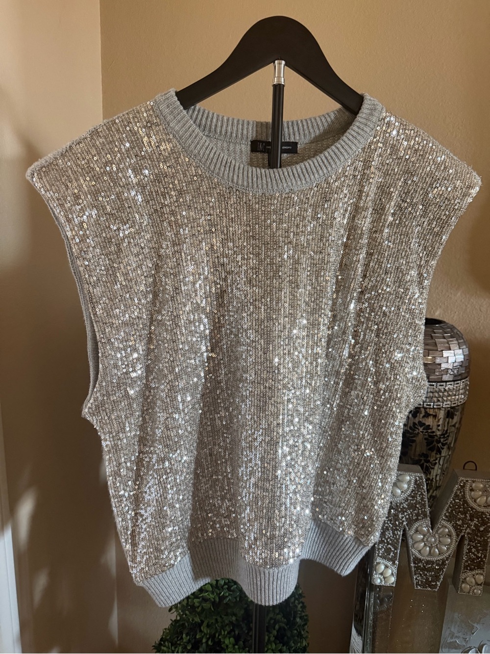 INC International Concepts Silver Sequin Knit Sleeveless Sweater